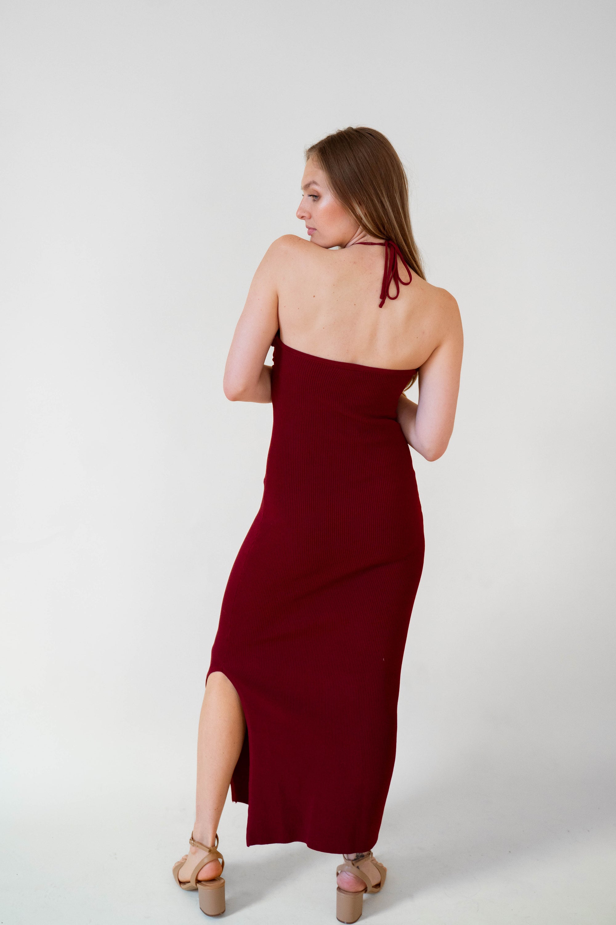 Wine Halter Knit Dress