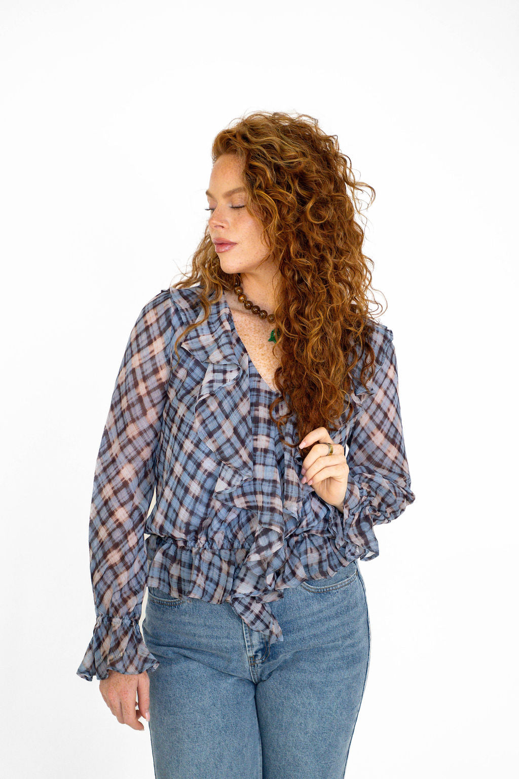 Blue Plaid Ruffle Top