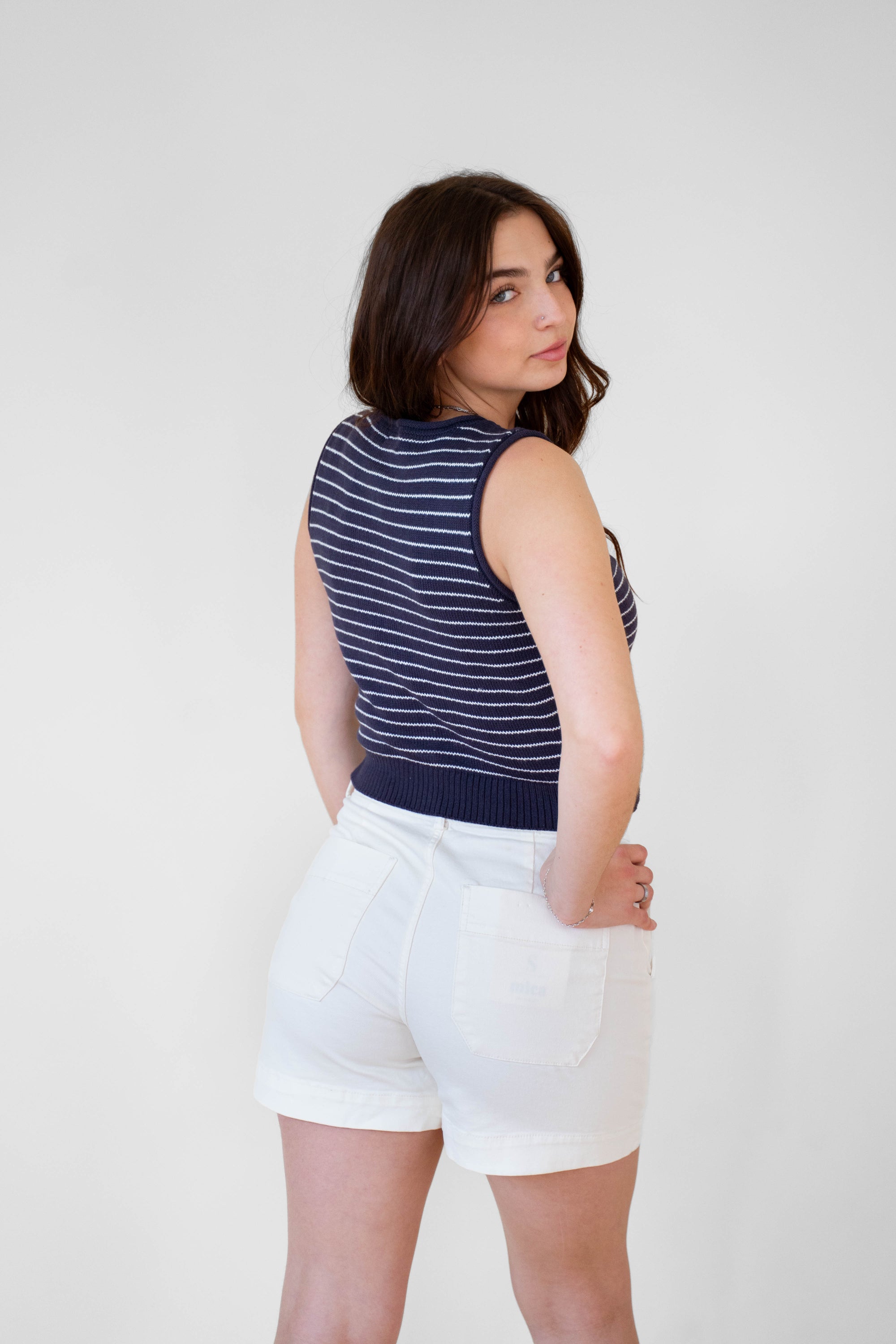 Navy Stripe Cardigan Sweater Vest