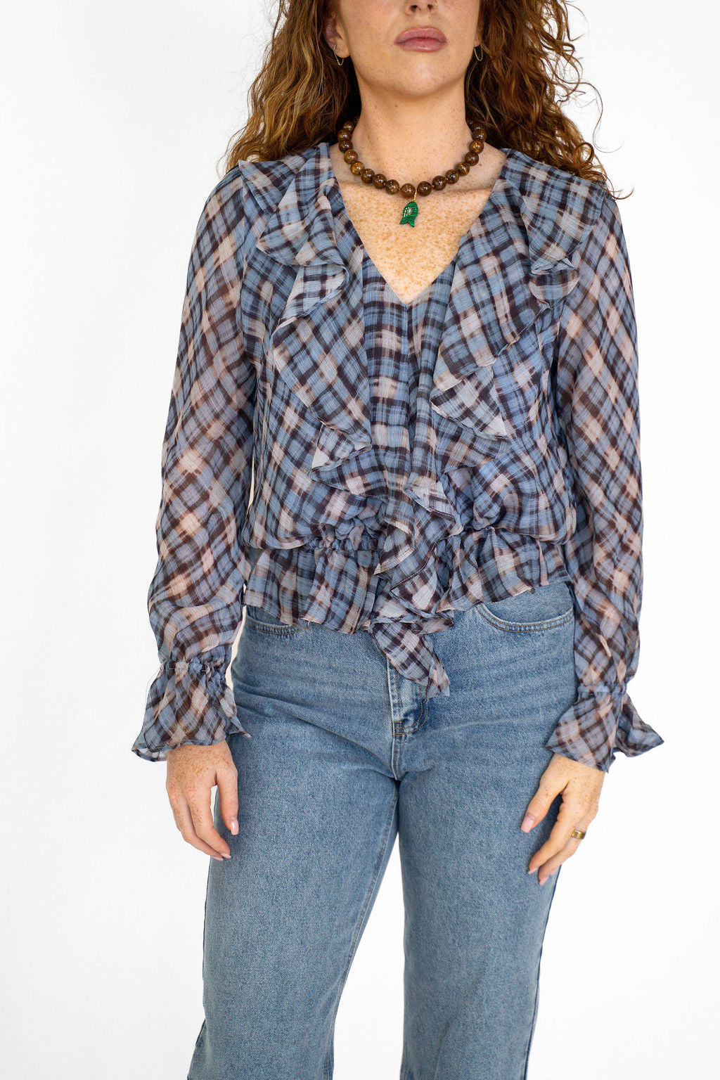 Blue Plaid Ruffle Top