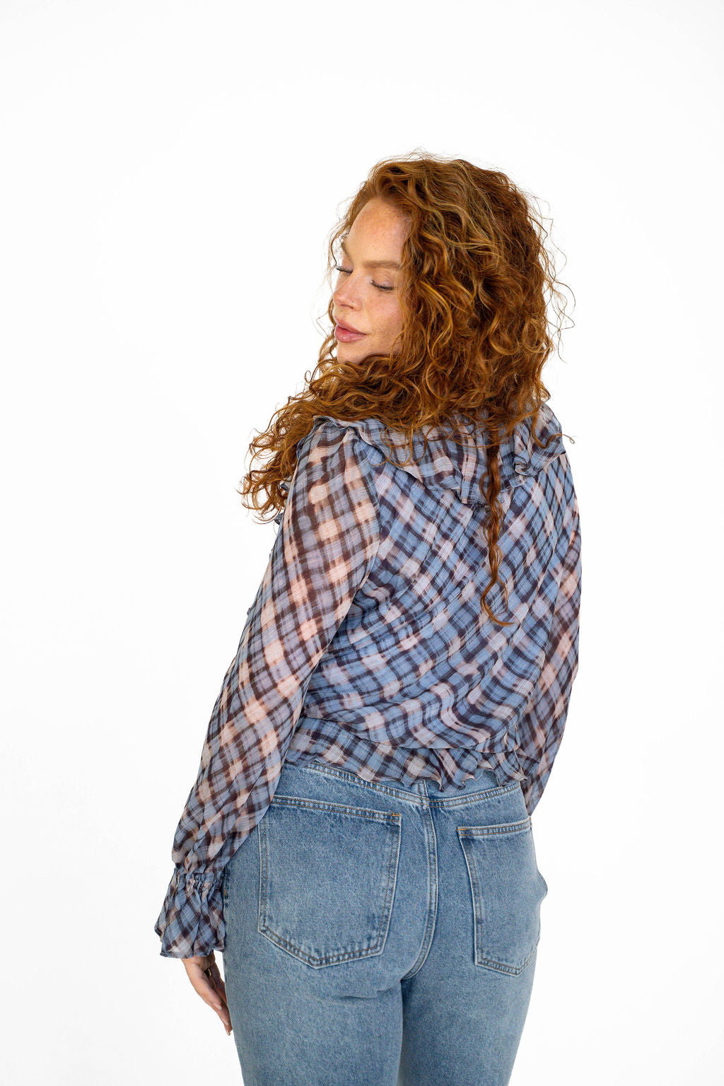 Blue Plaid Ruffle Top