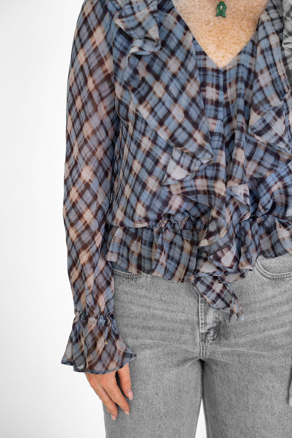 Blue Plaid Ruffle Top