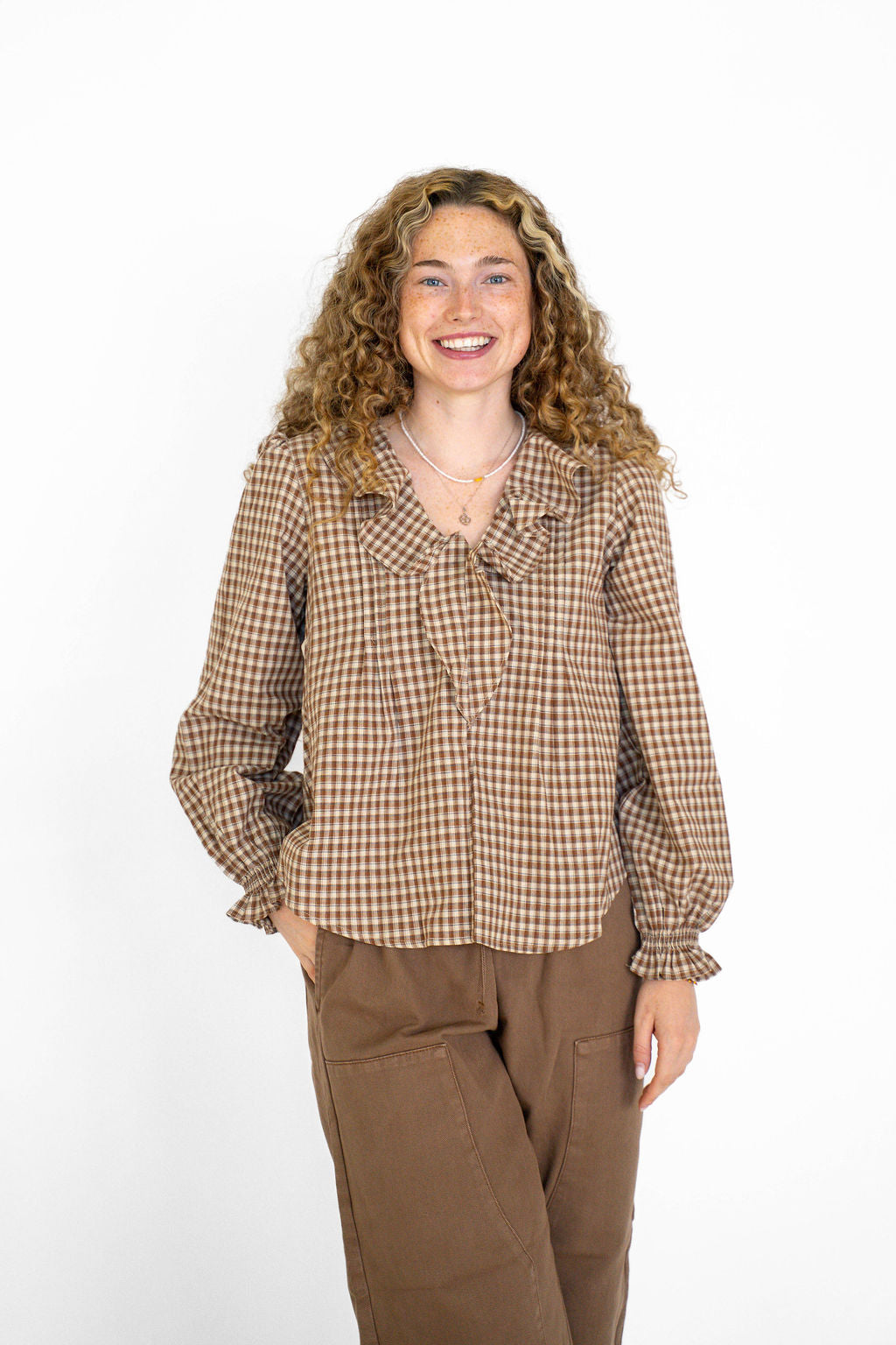 Hazelwood Plaid Tie-Neck Blouse