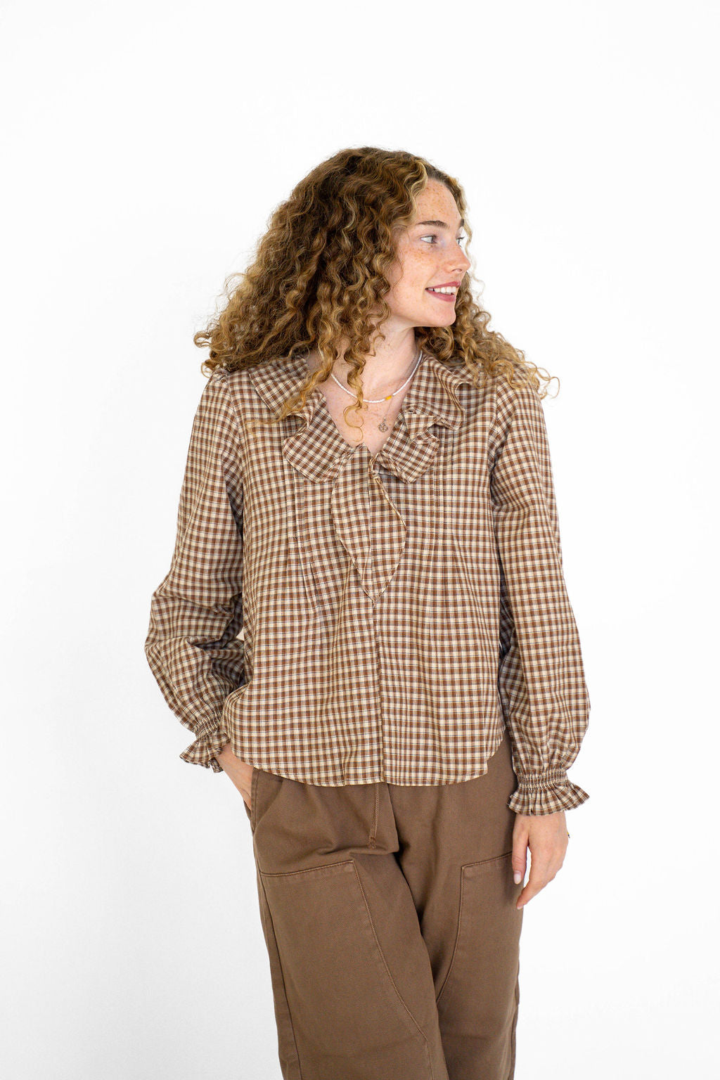 Hazelwood Plaid Tie-Neck Blouse