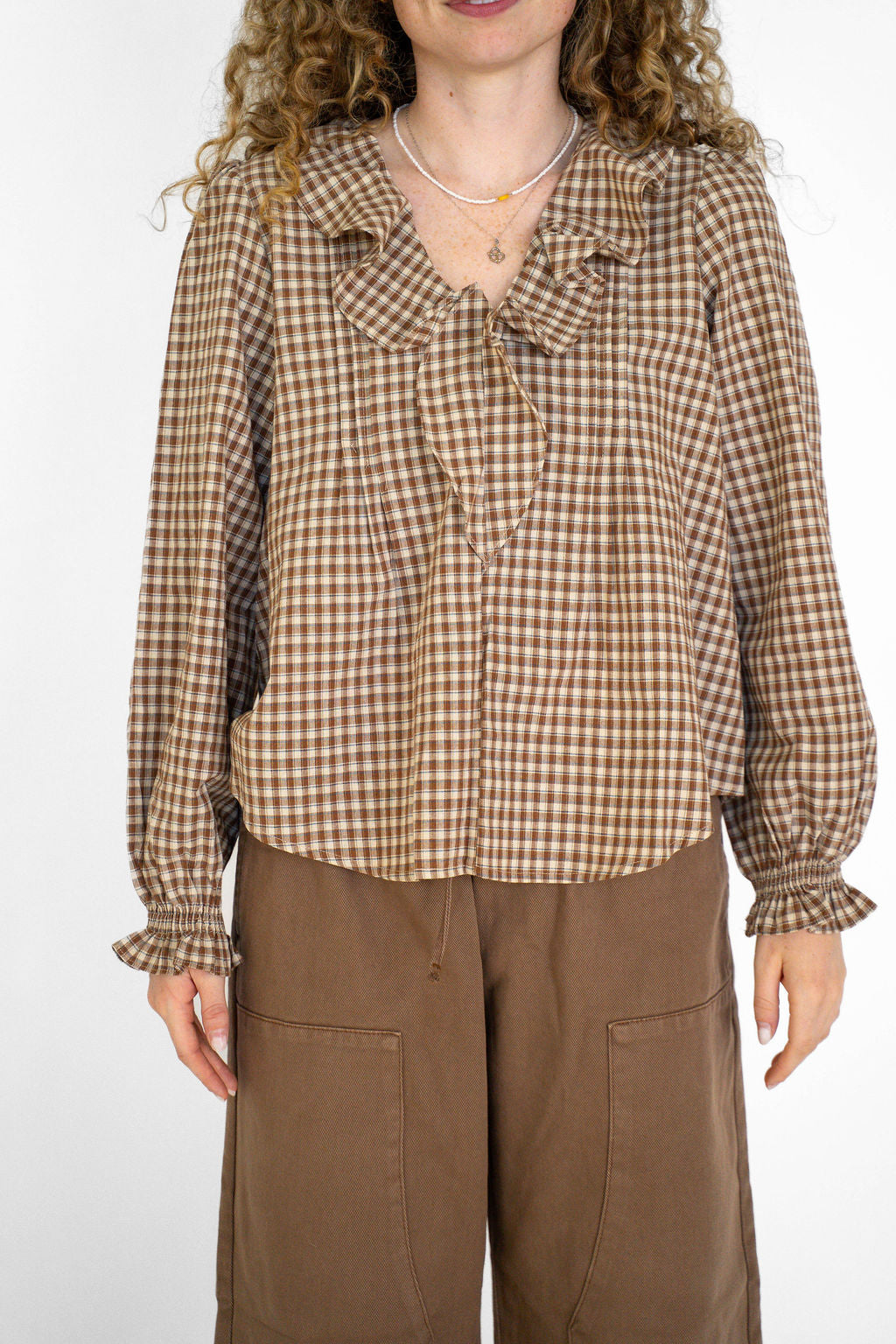 Hazelwood Plaid Tie-Neck Blouse