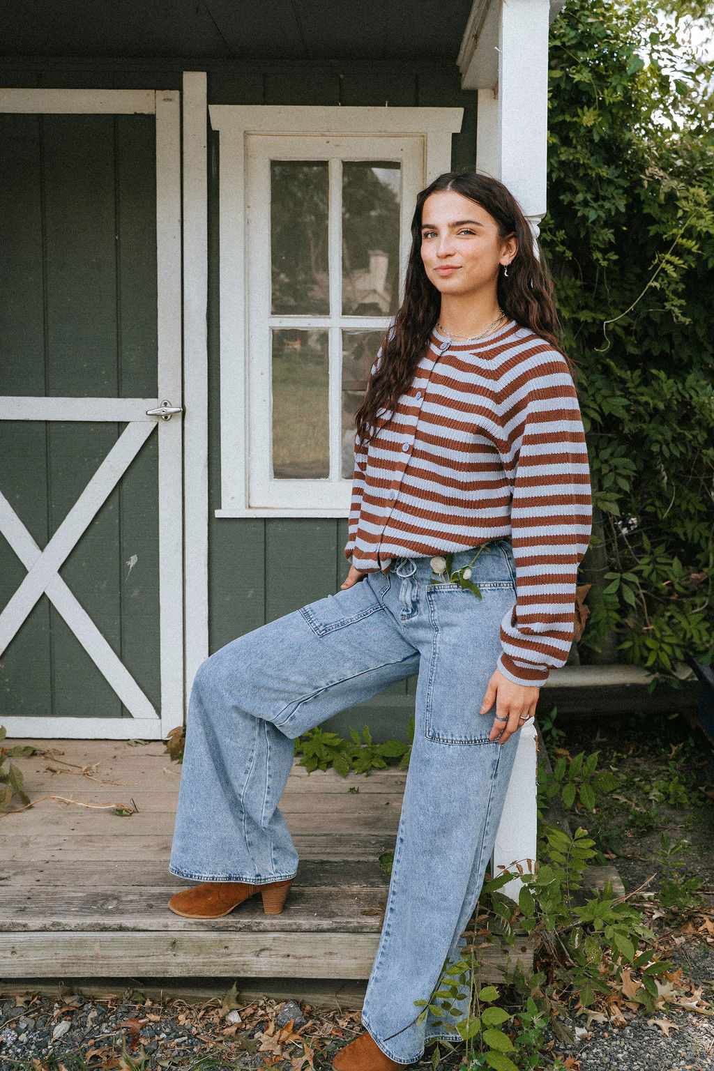 Stars Hollow Stripe Cardigan Sweater-Burgundy/Blue