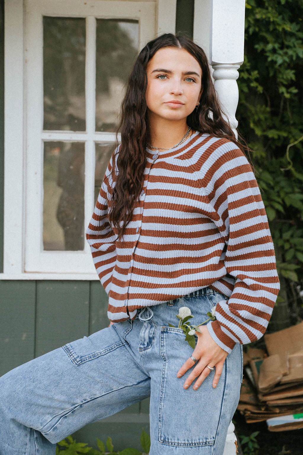 Stars Hollow Stripe Cardigan Sweater-Burgundy/Blue