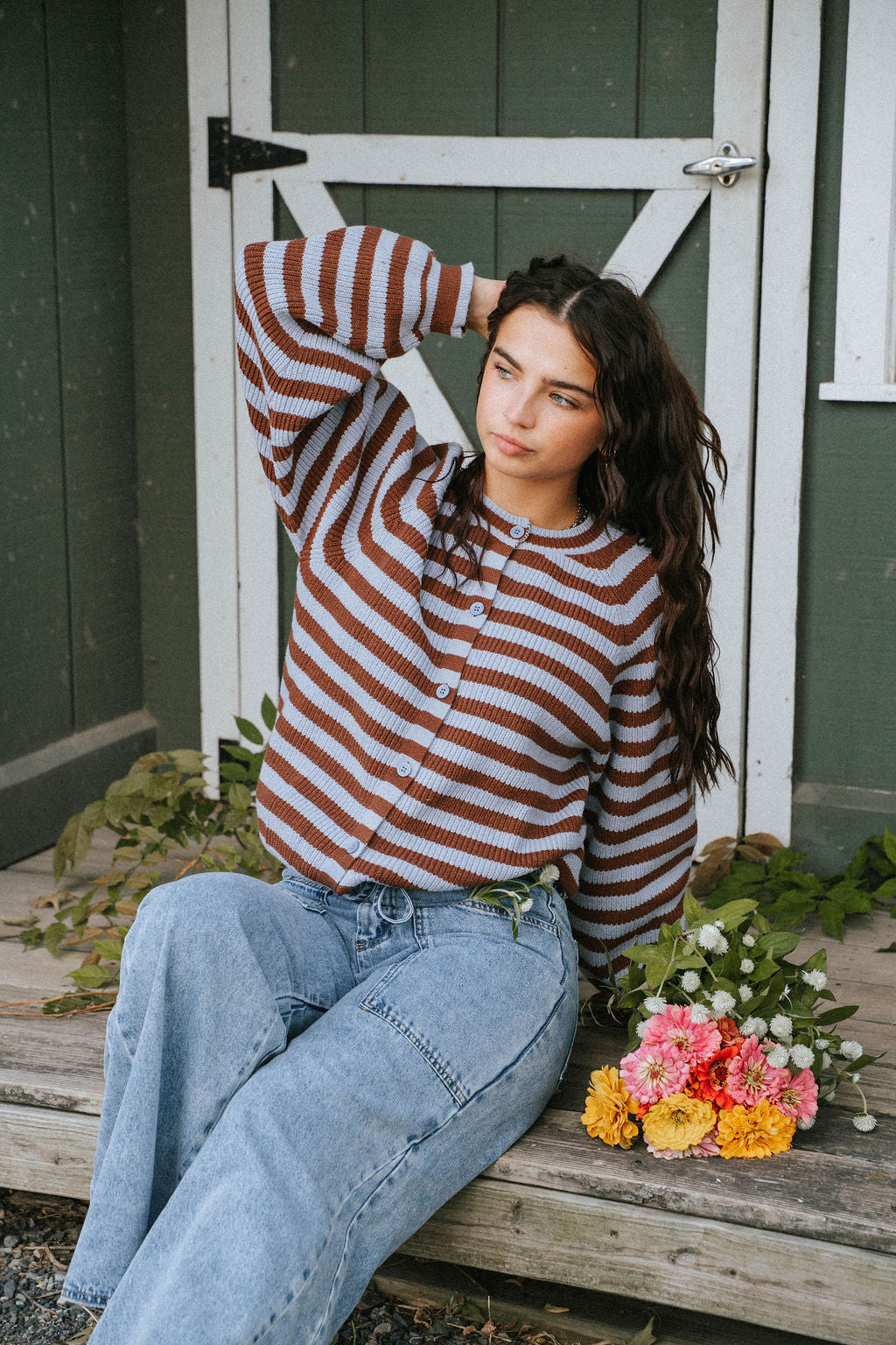 Stars Hollow Stripe Cardigan Sweater-Burgundy/Blue