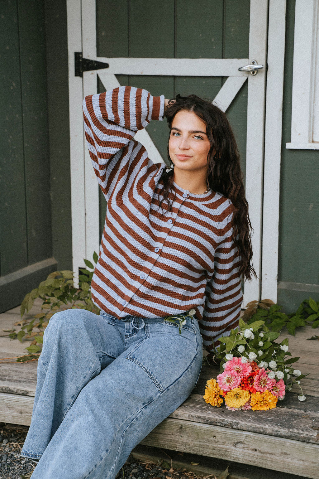 Stars Hollow Stripe Cardigan Sweater-Burgundy/Blue