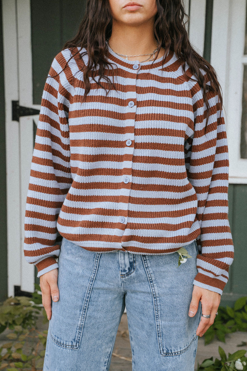 Stars Hollow Stripe Cardigan Sweater-Burgundy/Blue