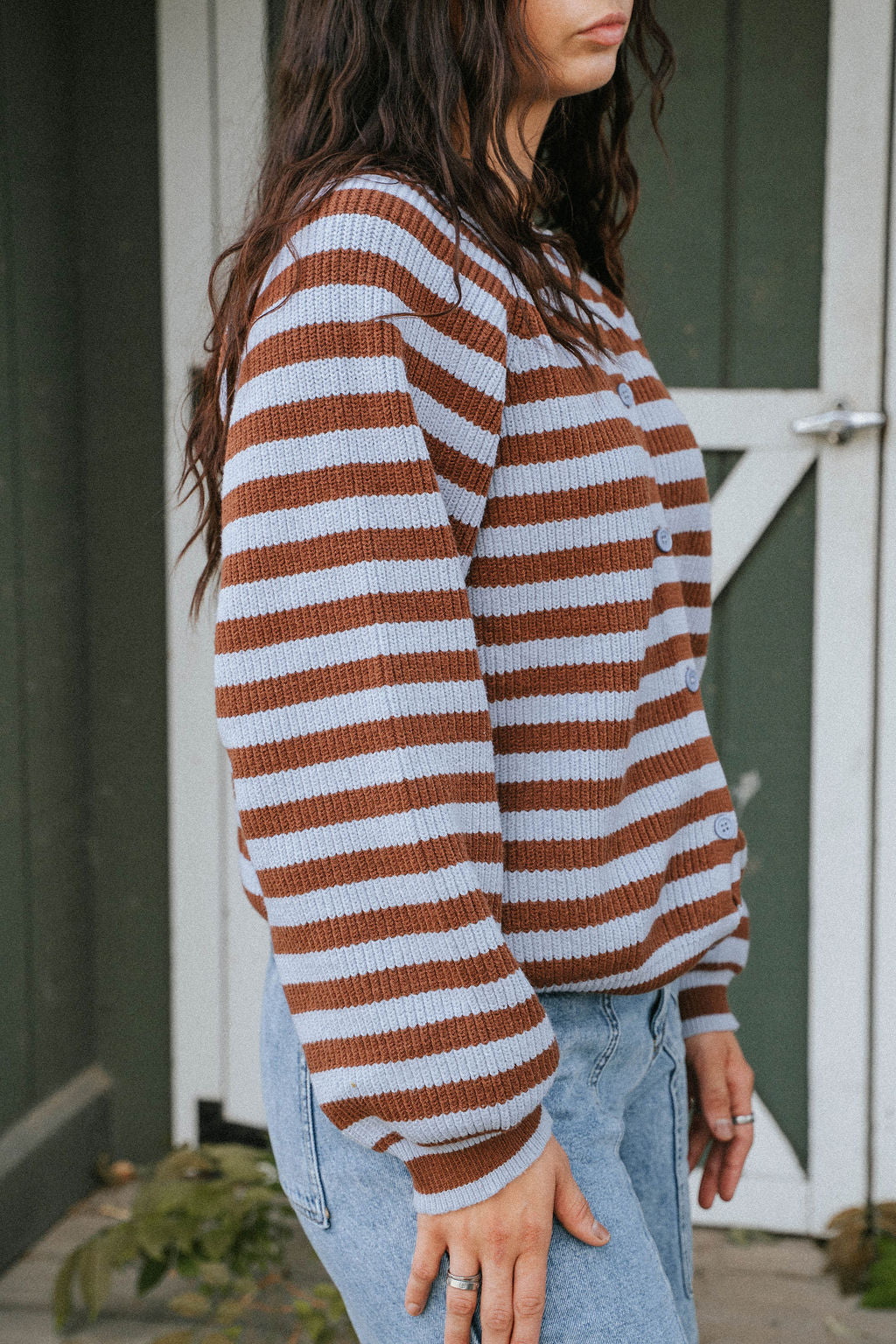 Stars Hollow Stripe Cardigan Sweater-Burgundy/Blue