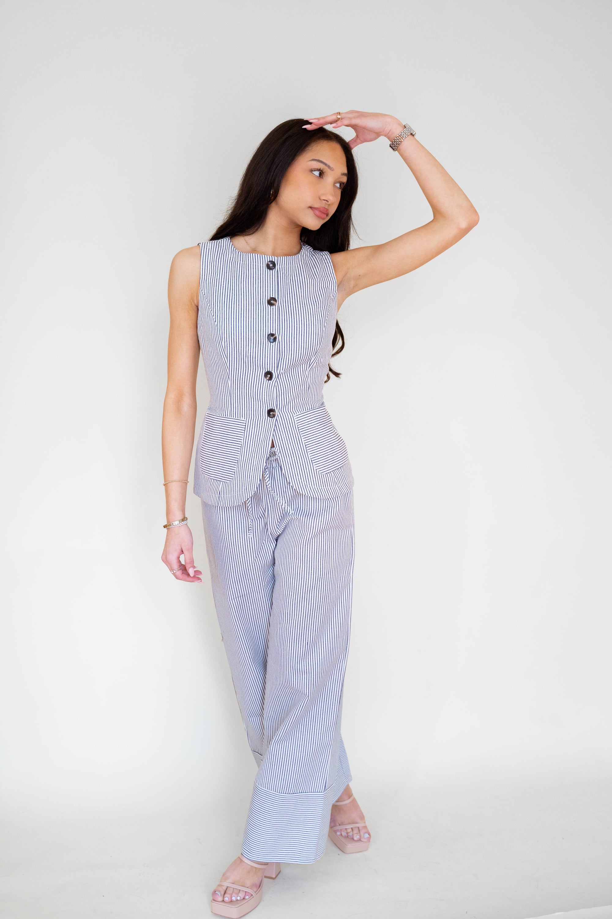 Drawstring Stripe Pants Wide Leg