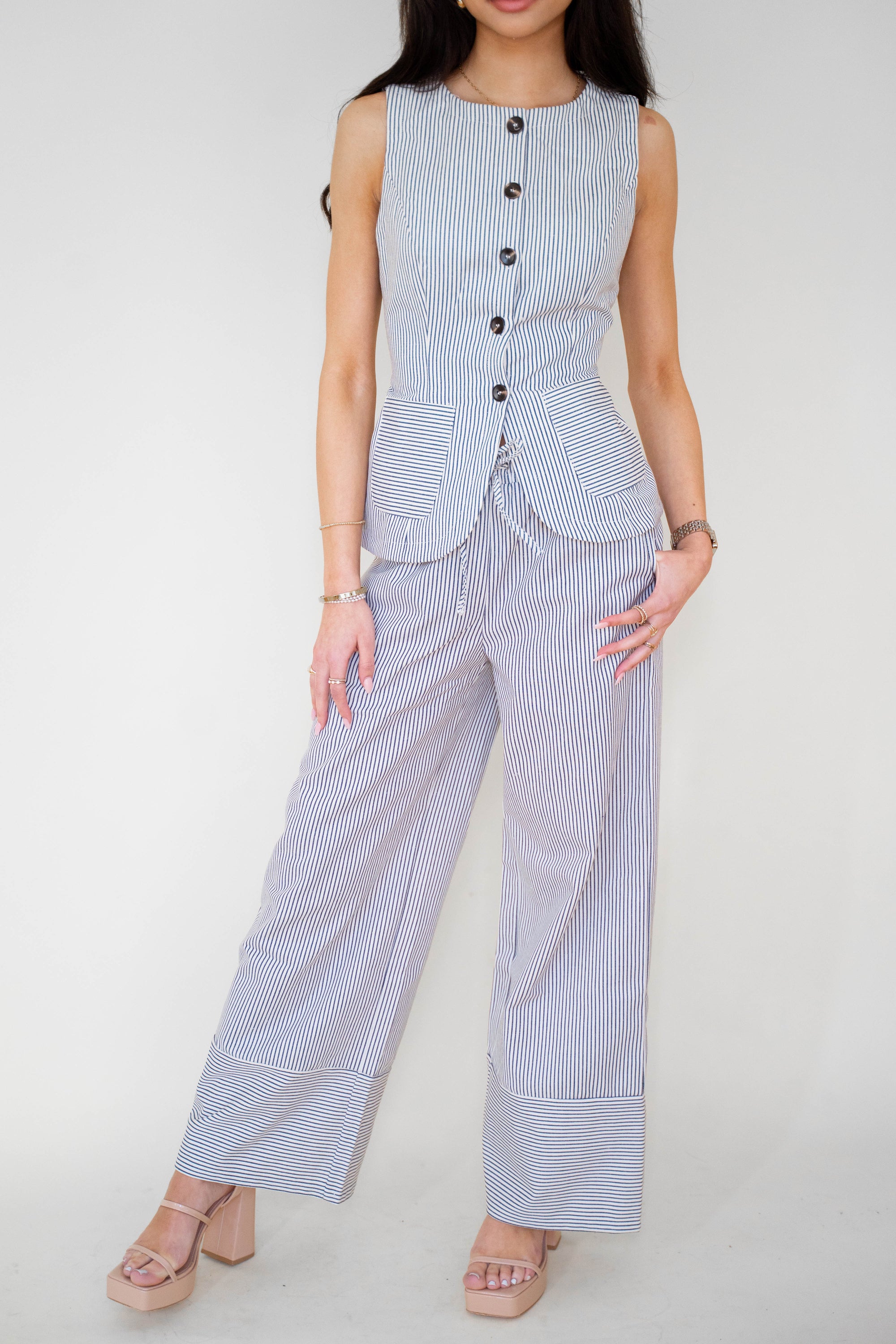 Drawstring Stripe Pants Wide Leg