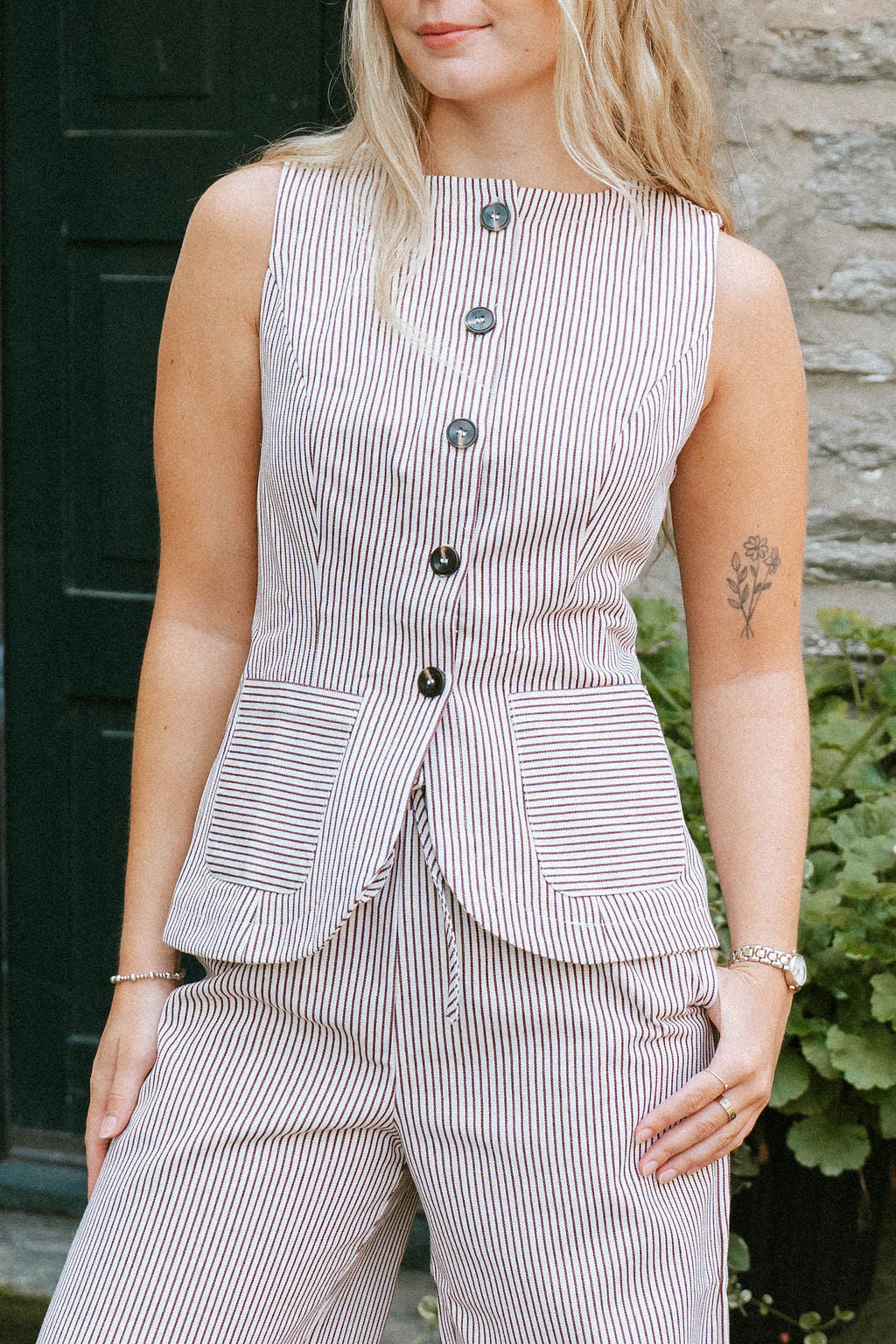 Stripe Button 100% Cotton Vest- Chocolate Brown