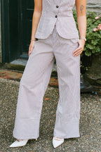 Drawstring Stripe Pants Wide Leg- Chocolate Brown