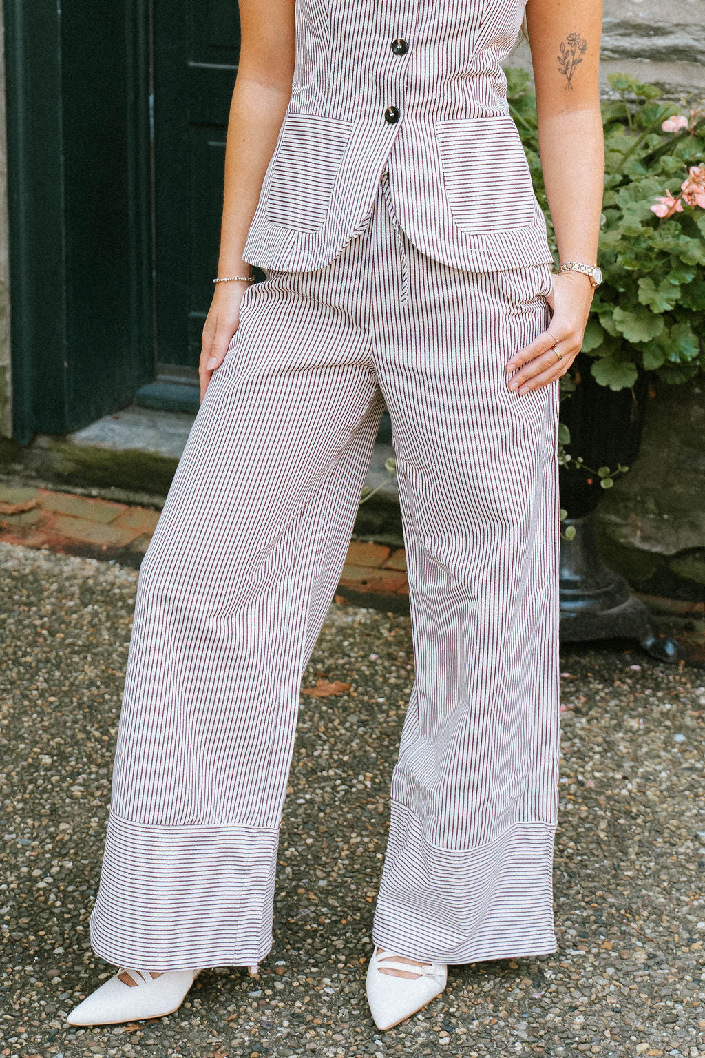 Drawstring Stripe Pants Wide Leg- Chocolate Brown