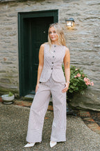 Drawstring Stripe Pants Wide Leg- Chocolate Brown