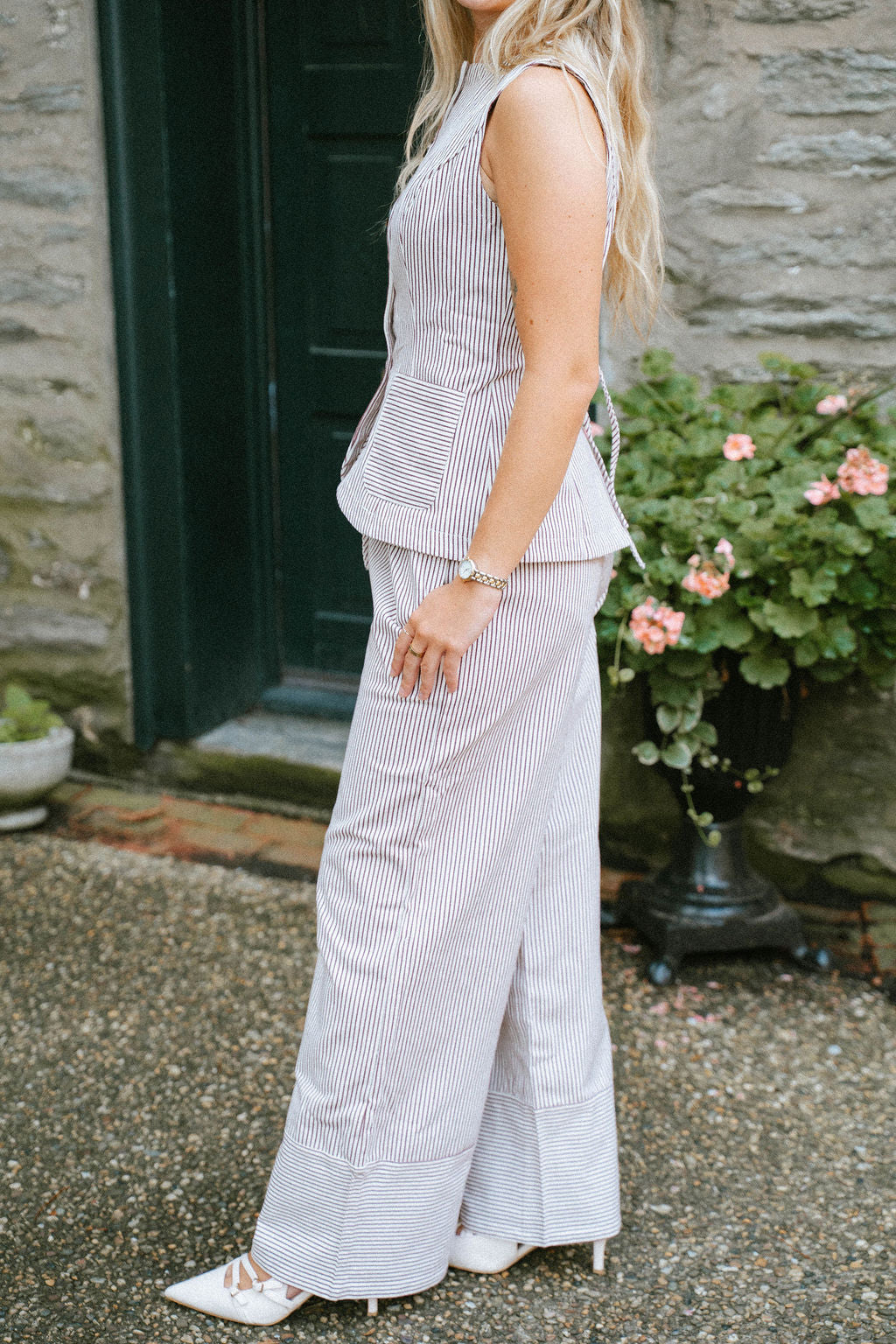 Drawstring Stripe Pants Wide Leg- Chocolate Brown