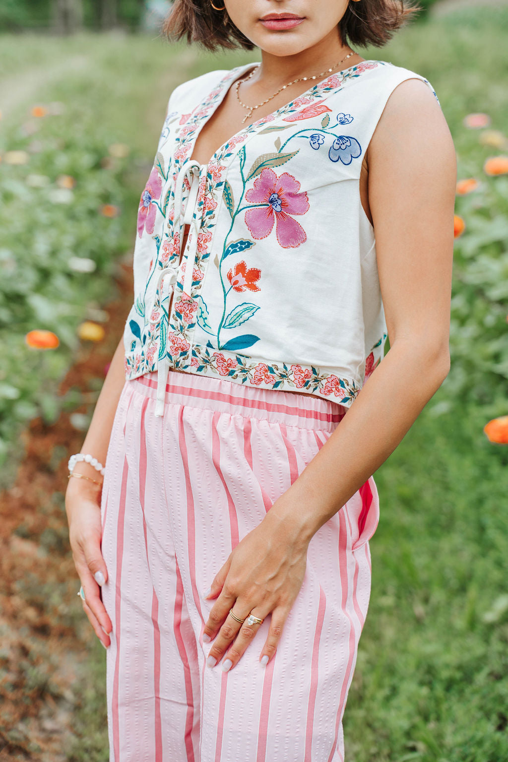 Pink Floral Print Front Tie Vest