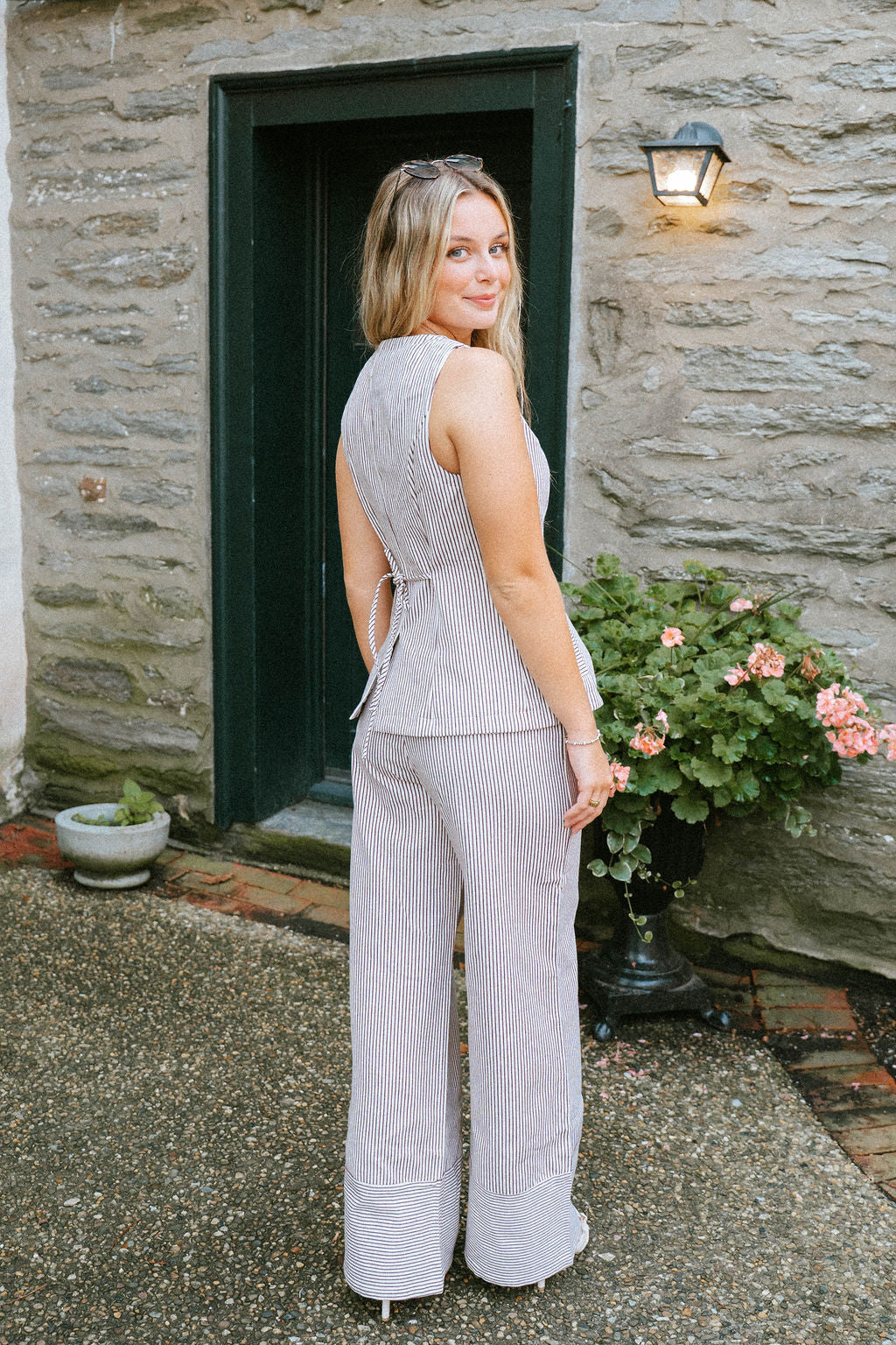 Drawstring Stripe Pants Wide Leg- Chocolate Brown