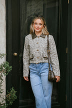 Leopard Print Cropped Jacket with Faux Leather Collar