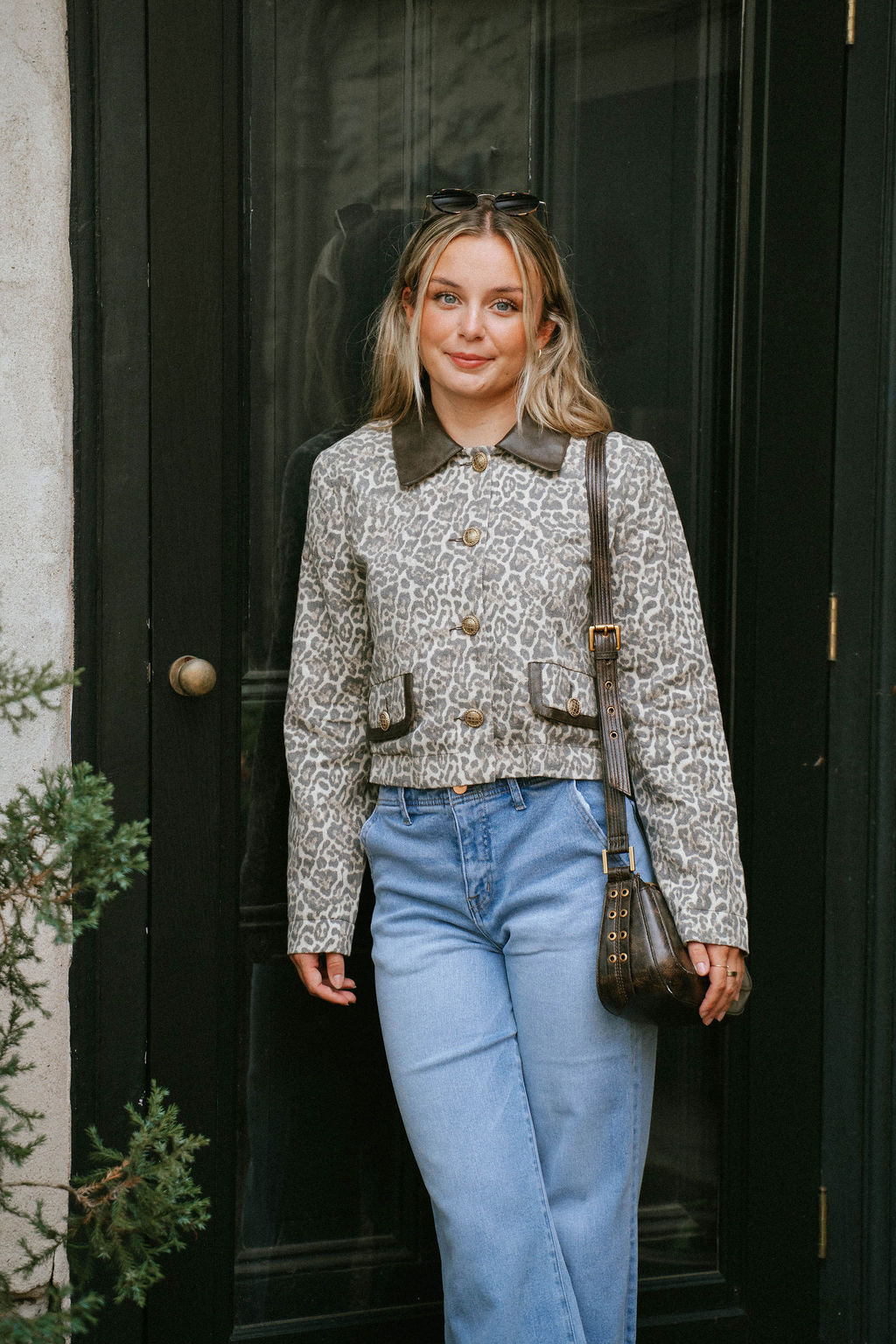 Leopard Print Cropped Jacket with Faux Leather Collar
