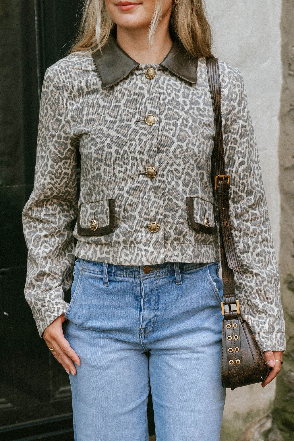 Leopard Print Cropped Jacket with Faux Leather Collar