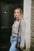 Leopard Print Cropped Jacket with Faux Leather Collar