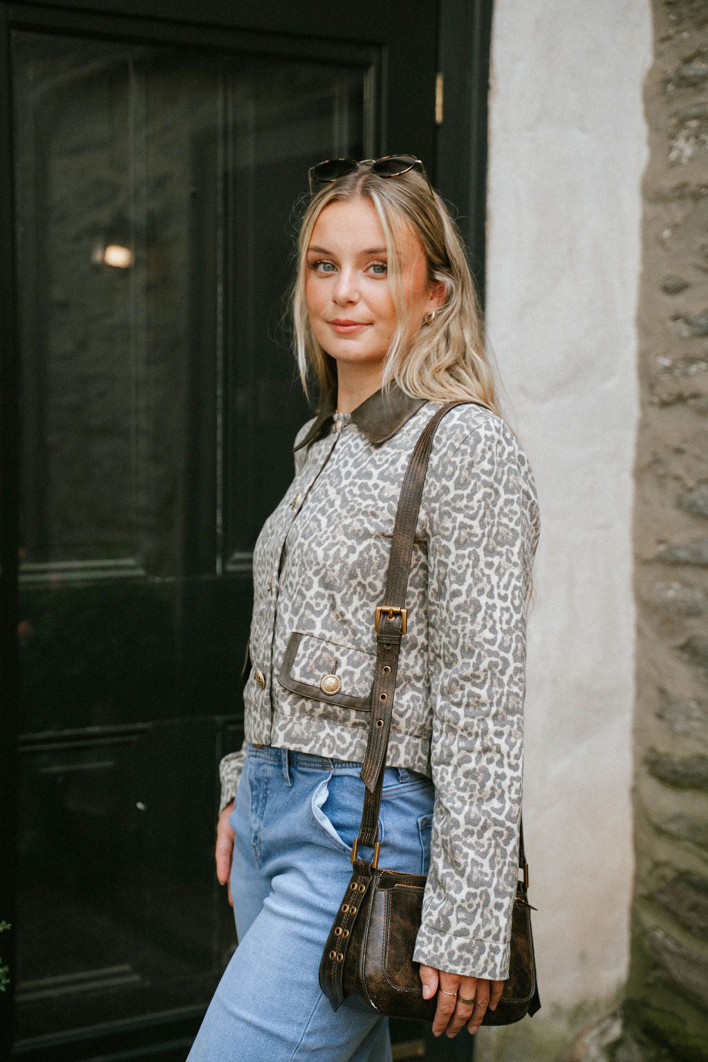 Leopard Print Cropped Jacket with Faux Leather Collar
