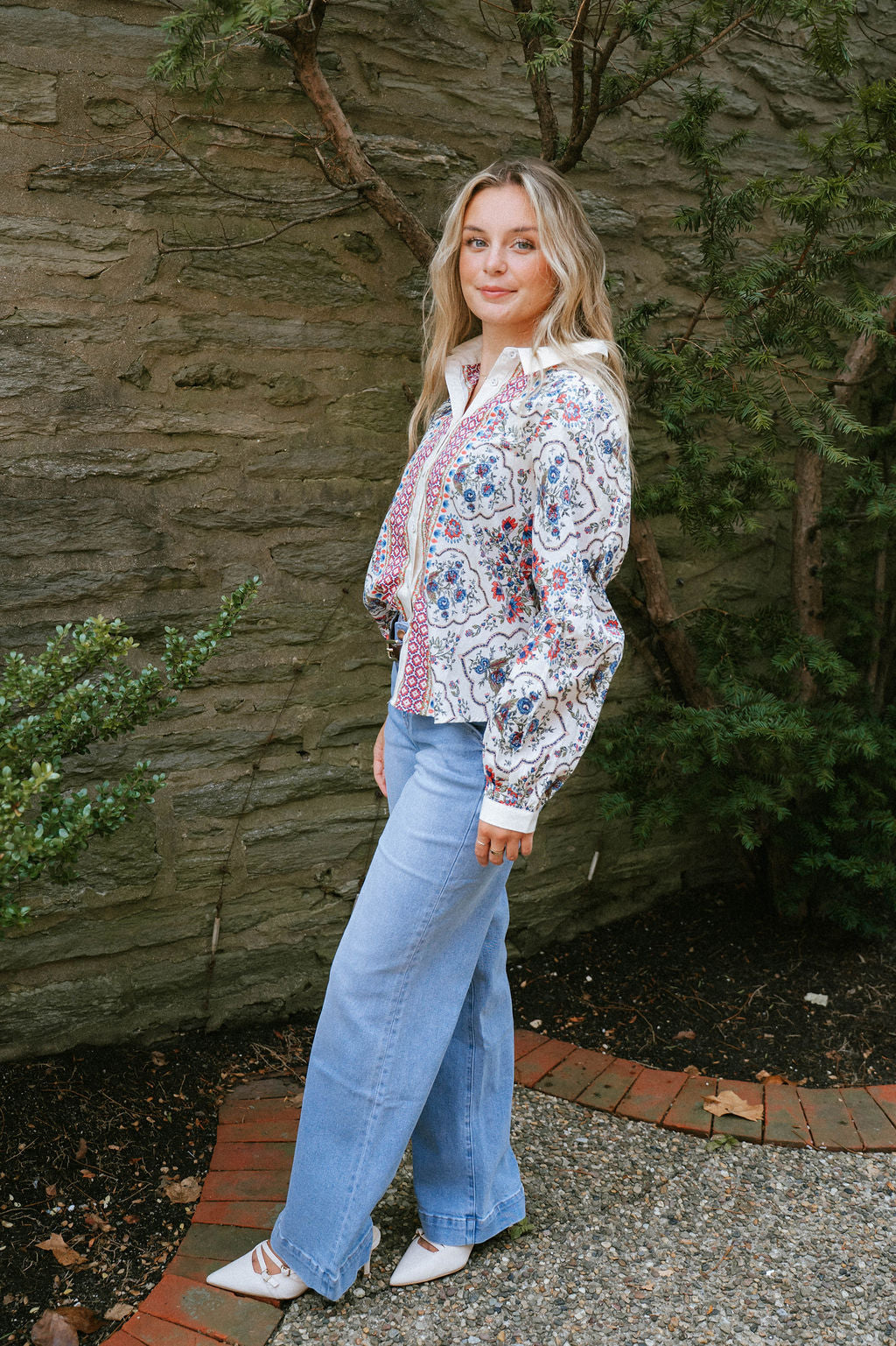 Boho Floral Print Button-Down Blouse