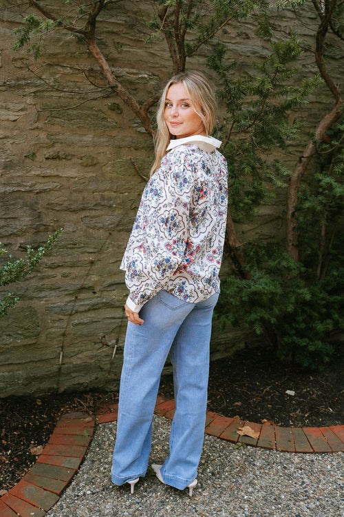 Boho Floral Print Button-Down Blouse