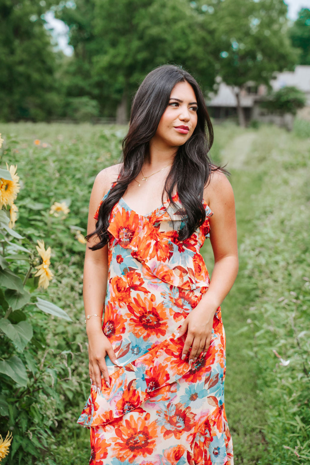 Orange Multi Color Floral Ruffle Dress