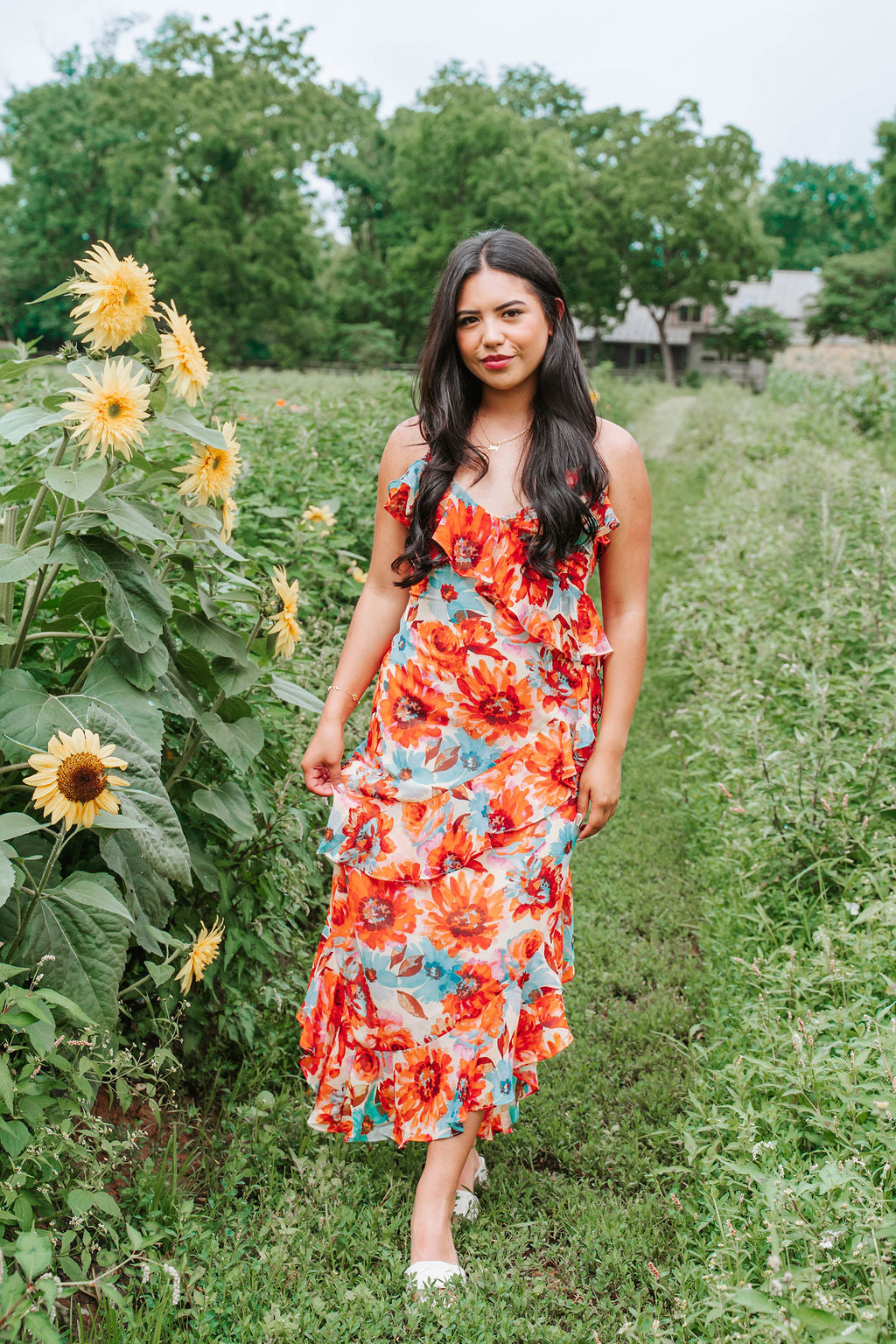 Orange Multi Color Floral Ruffle Dress