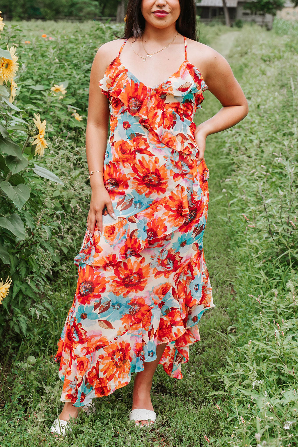 Orange Multi Color Floral Ruffle Dress