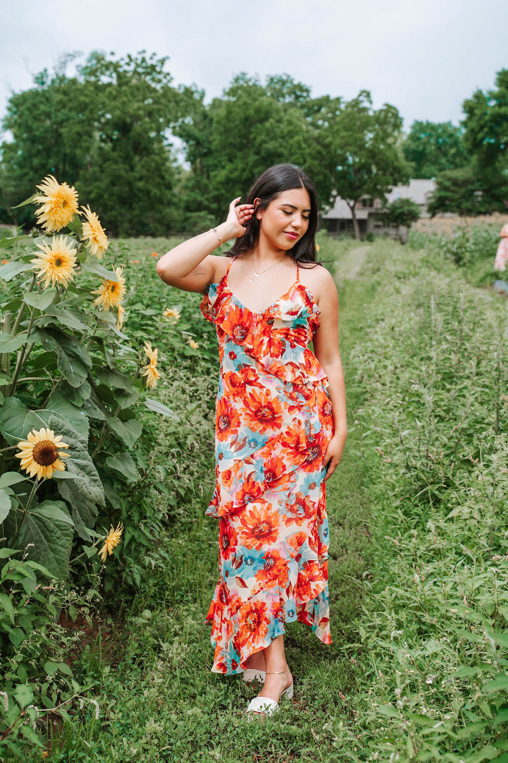 Orange Multi Color Floral Ruffle Dress
