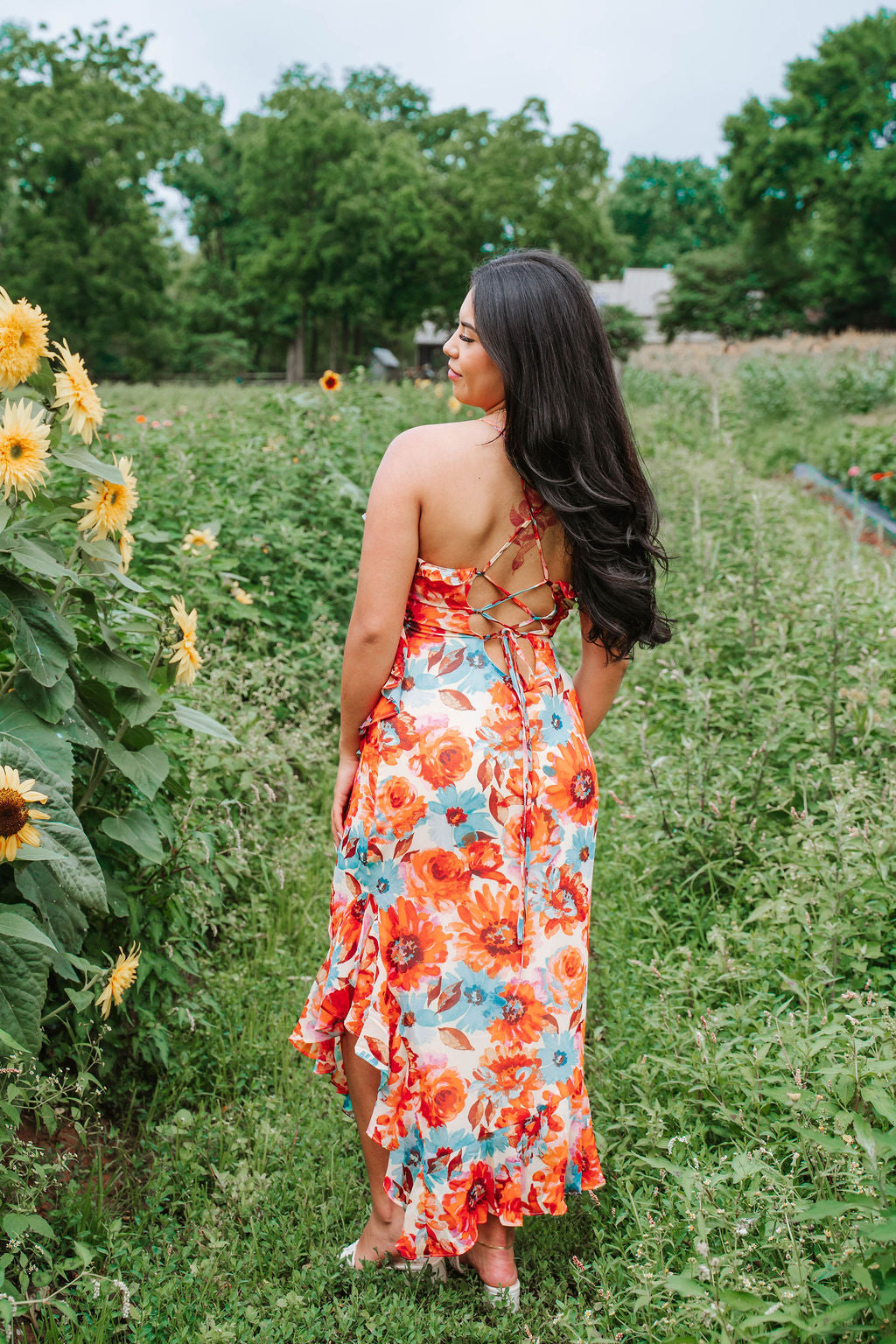 Orange Multi Color Floral Ruffle Dress
