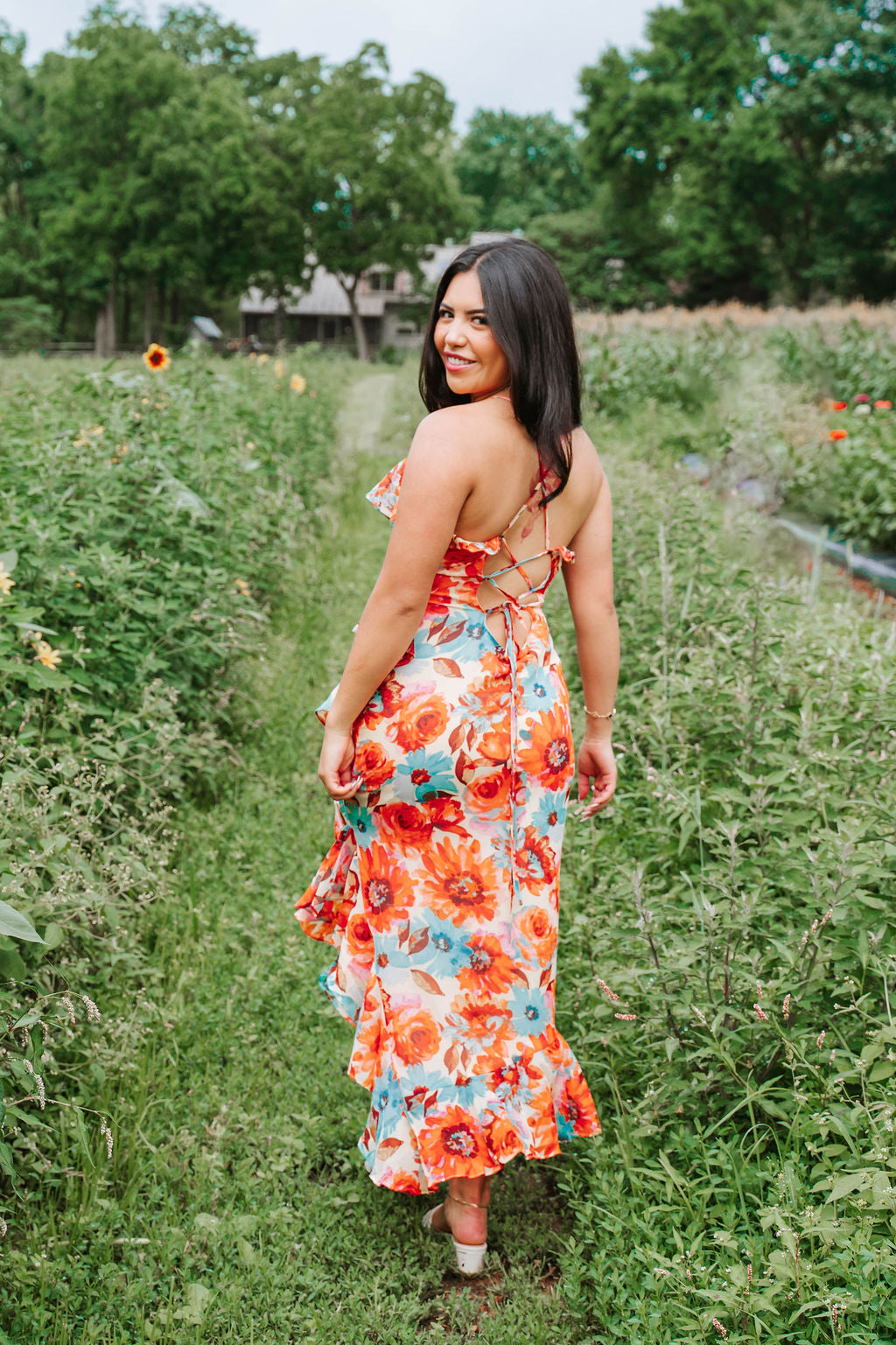 Orange Multi Color Floral Ruffle Dress