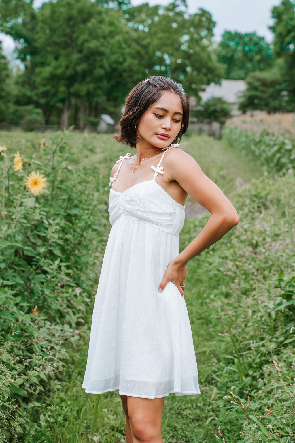 White Bow Detail Strap Mini Dress