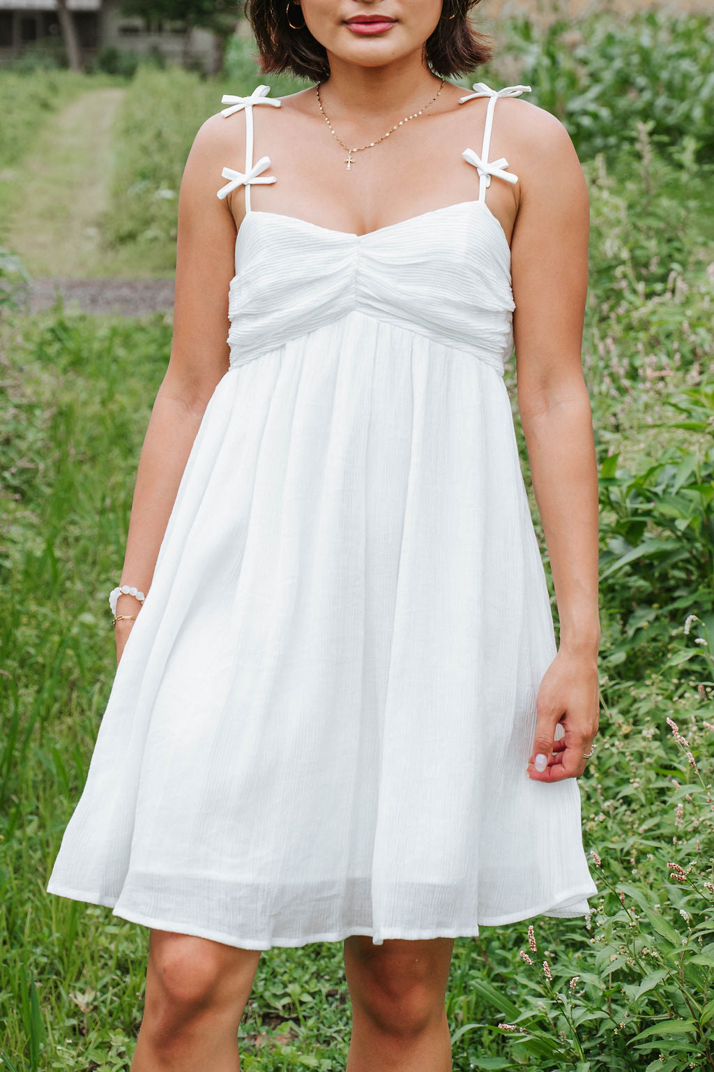 White Bow Detail Strap Mini Dress
