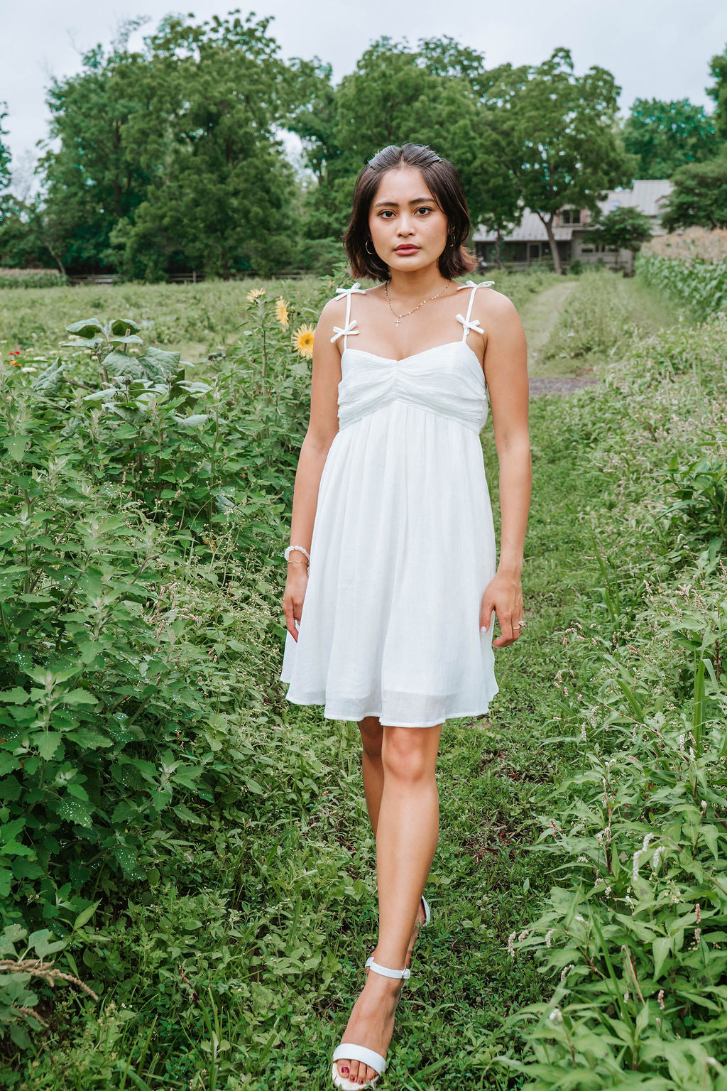 White Bow Detail Strap Mini Dress
