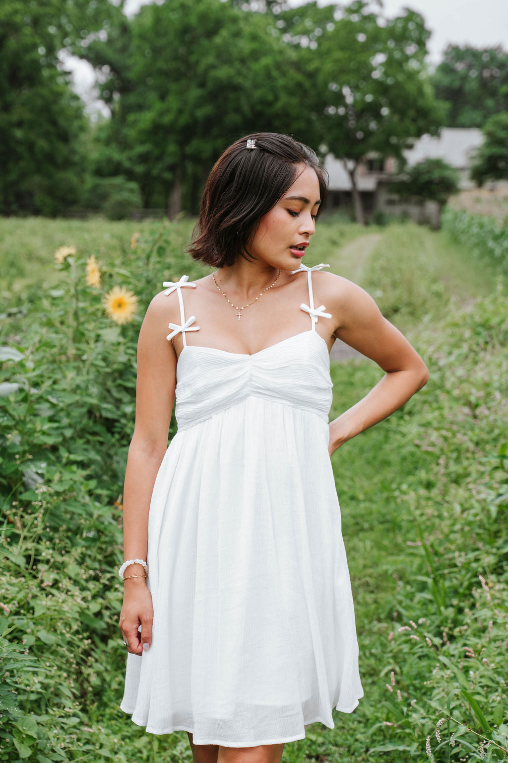 White Bow Detail Strap Mini Dress