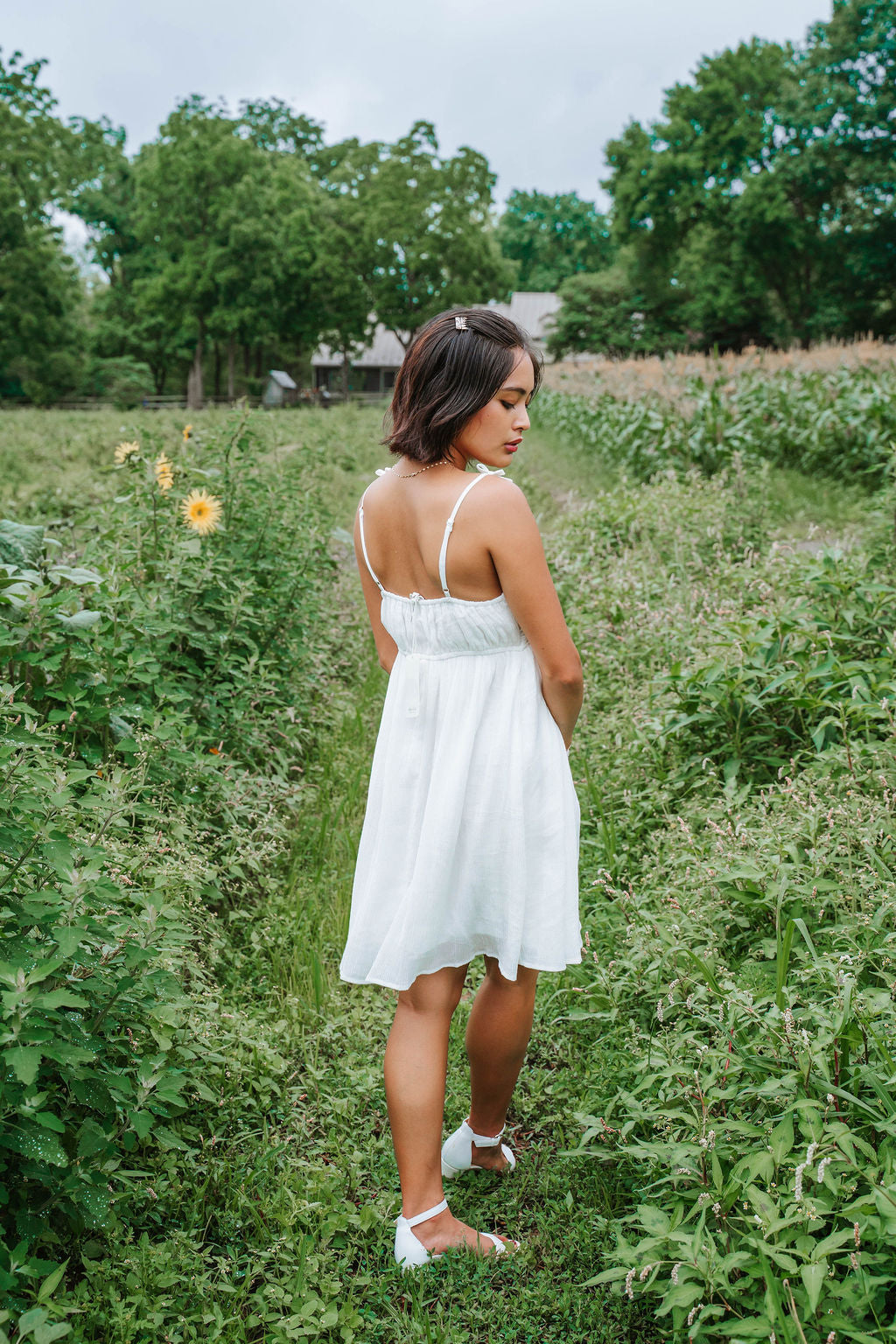 White Bow Detail Strap Mini Dress