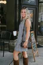 Plaid Sleeveless Gold Button Shift Dress