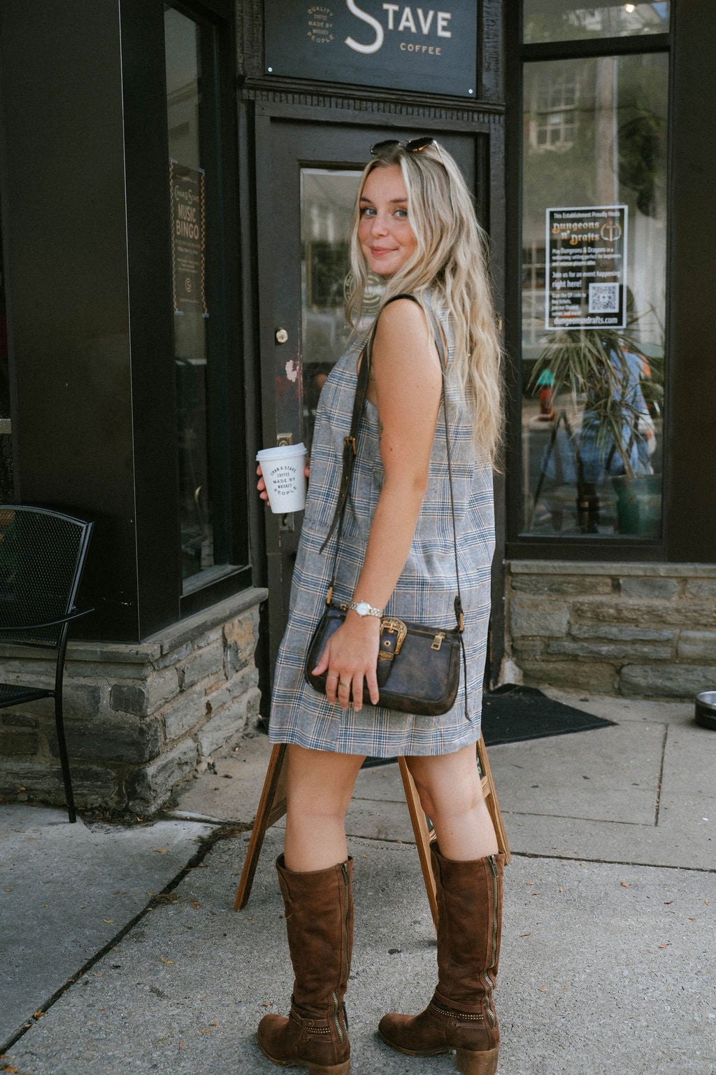Plaid Sleeveless Gold Button Shift Dress