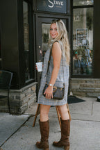 Plaid Sleeveless Gold Button Shift Dress