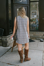 Plaid Sleeveless Gold Button Shift Dress