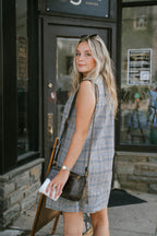 Plaid Sleeveless Gold Button Shift Dress