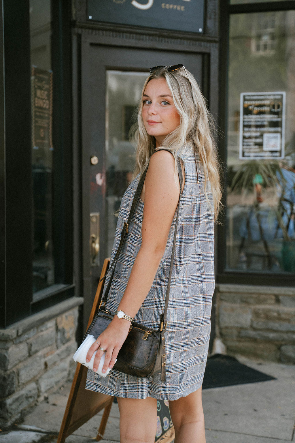 Plaid Sleeveless Gold Button Shift Dress