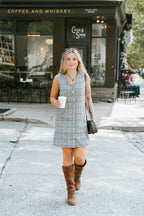 Plaid Sleeveless Gold Button Shift Dress