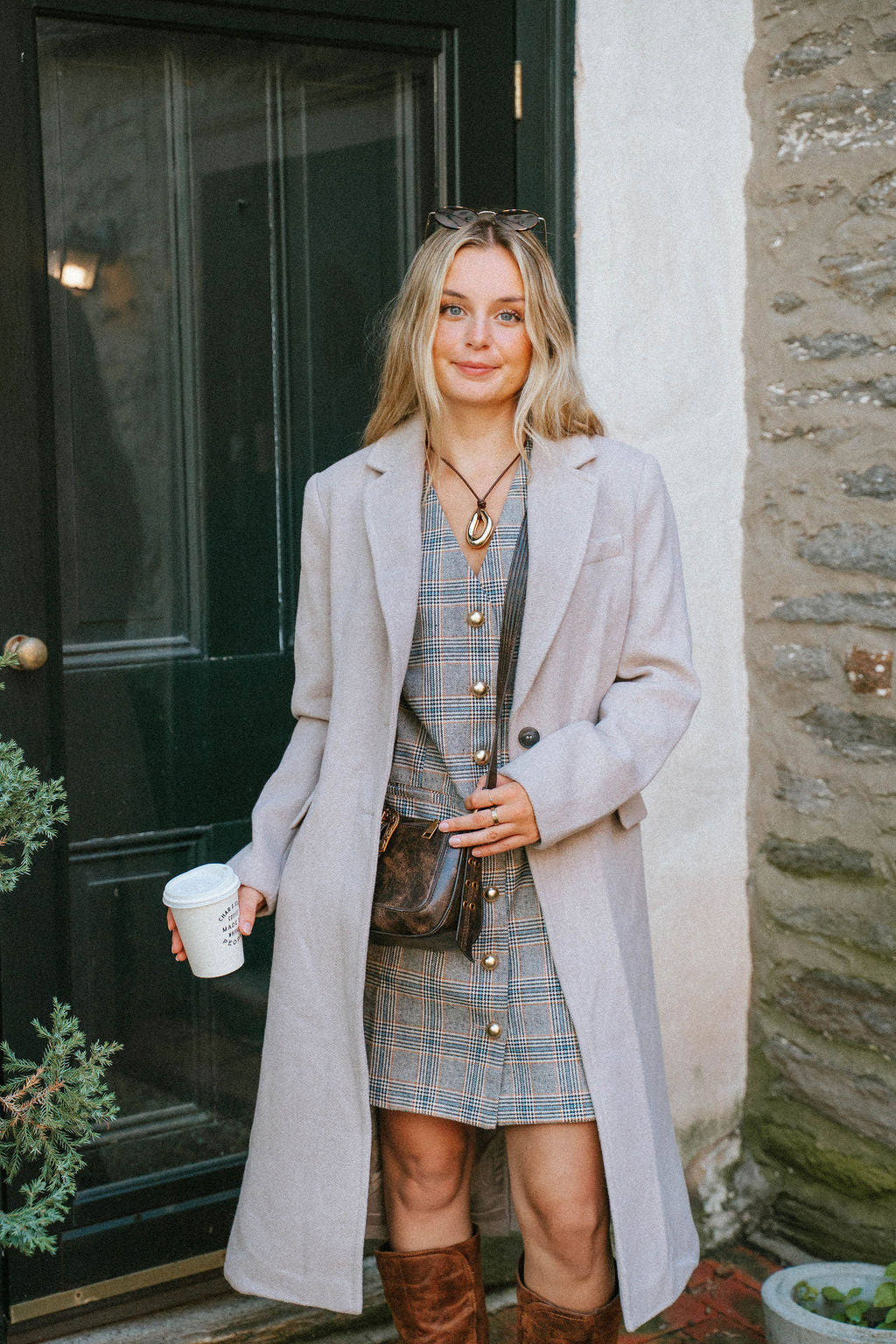 Plaid Sleeveless Gold Button Shift Dress